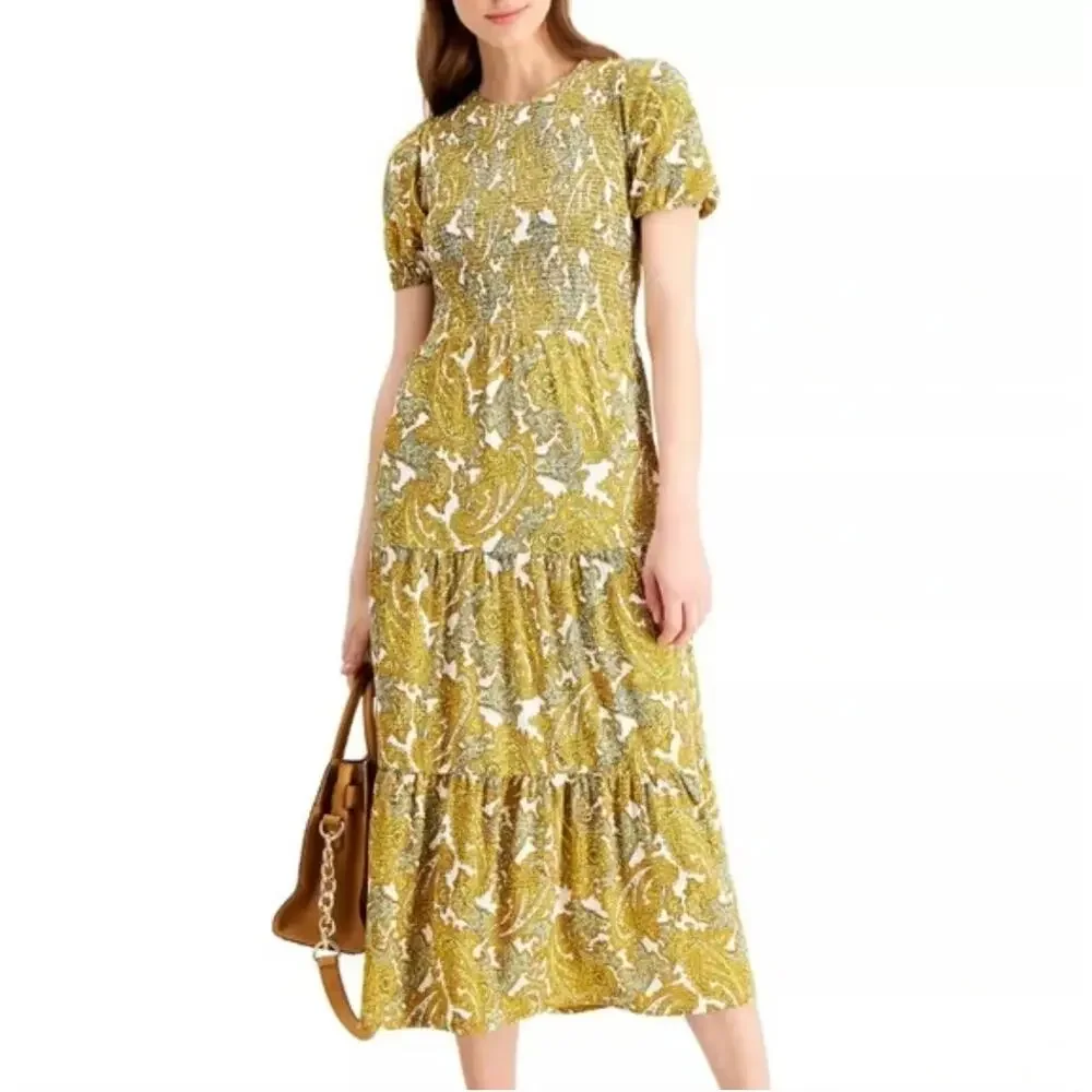 MK MICHAEL‎ KORS Yellow Piasley Patterned Smocked Saffron Midi Dress Women's Med
